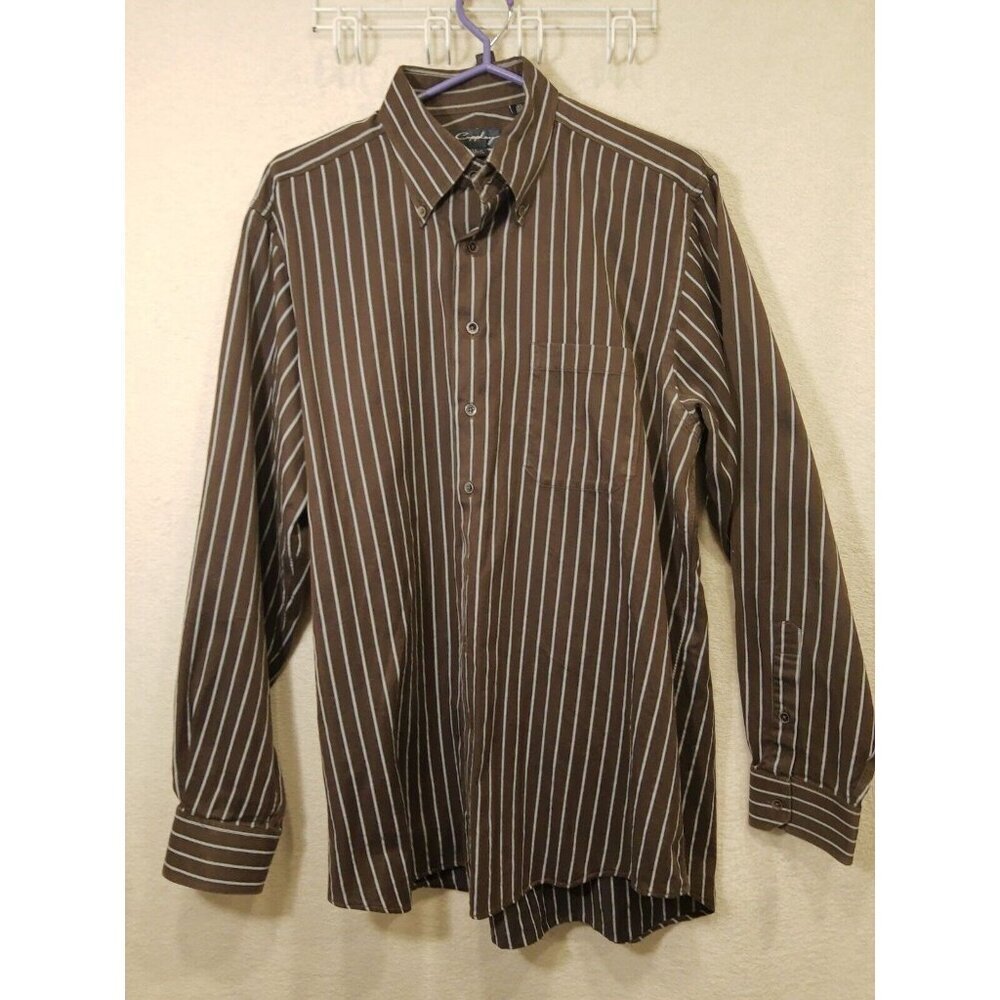 Coppley Men's Large Brown White Color Stripe Point Collar Button Up Shirt SZ 16L